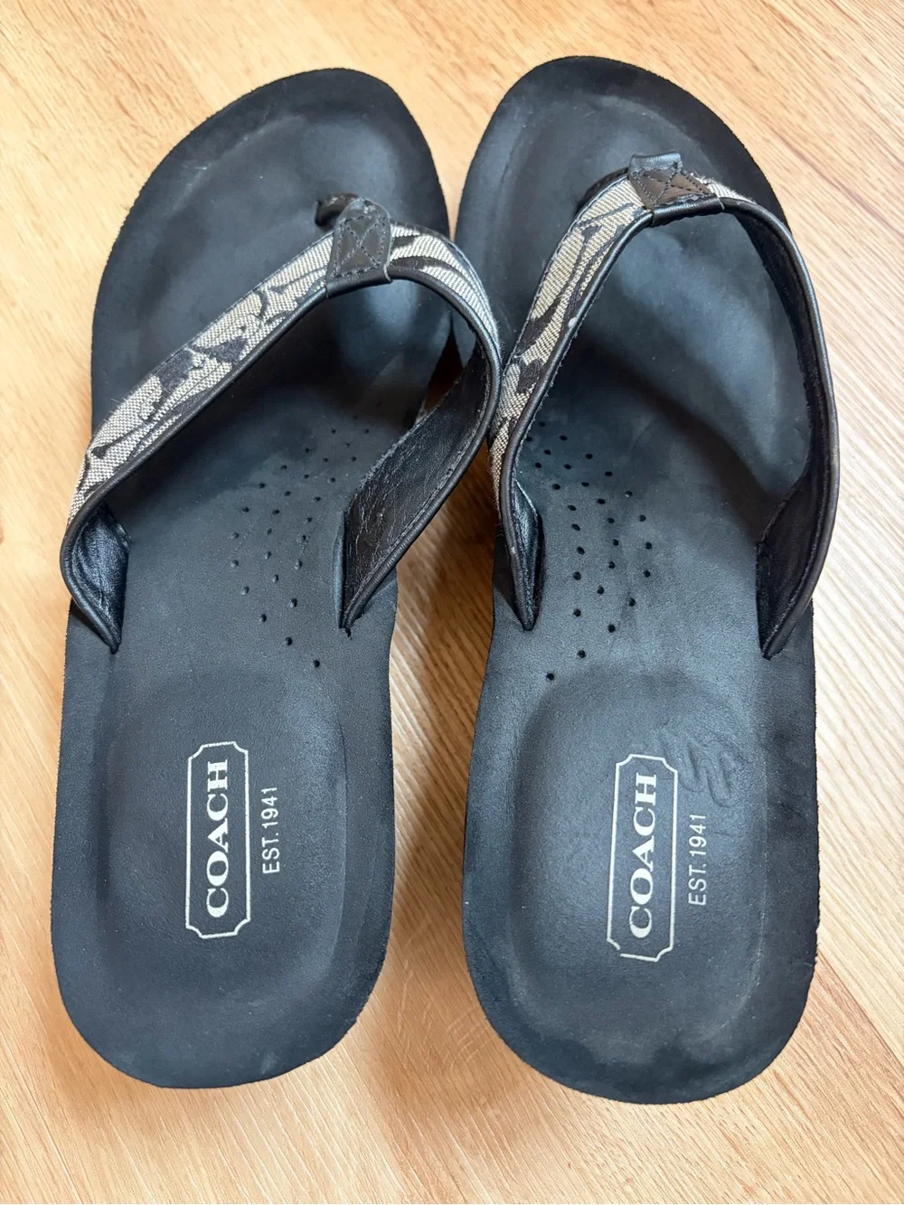 Coach Wedge Sandals Black Tan Signature Canvas Jaicee C logo size 10